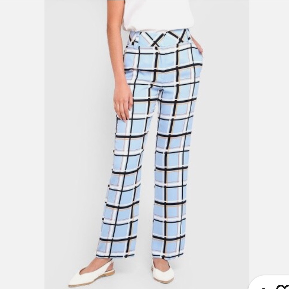 🌸482 Topshop Blue Orange Check Wide Leg Pants High Rise Size 6 Statement Trouser